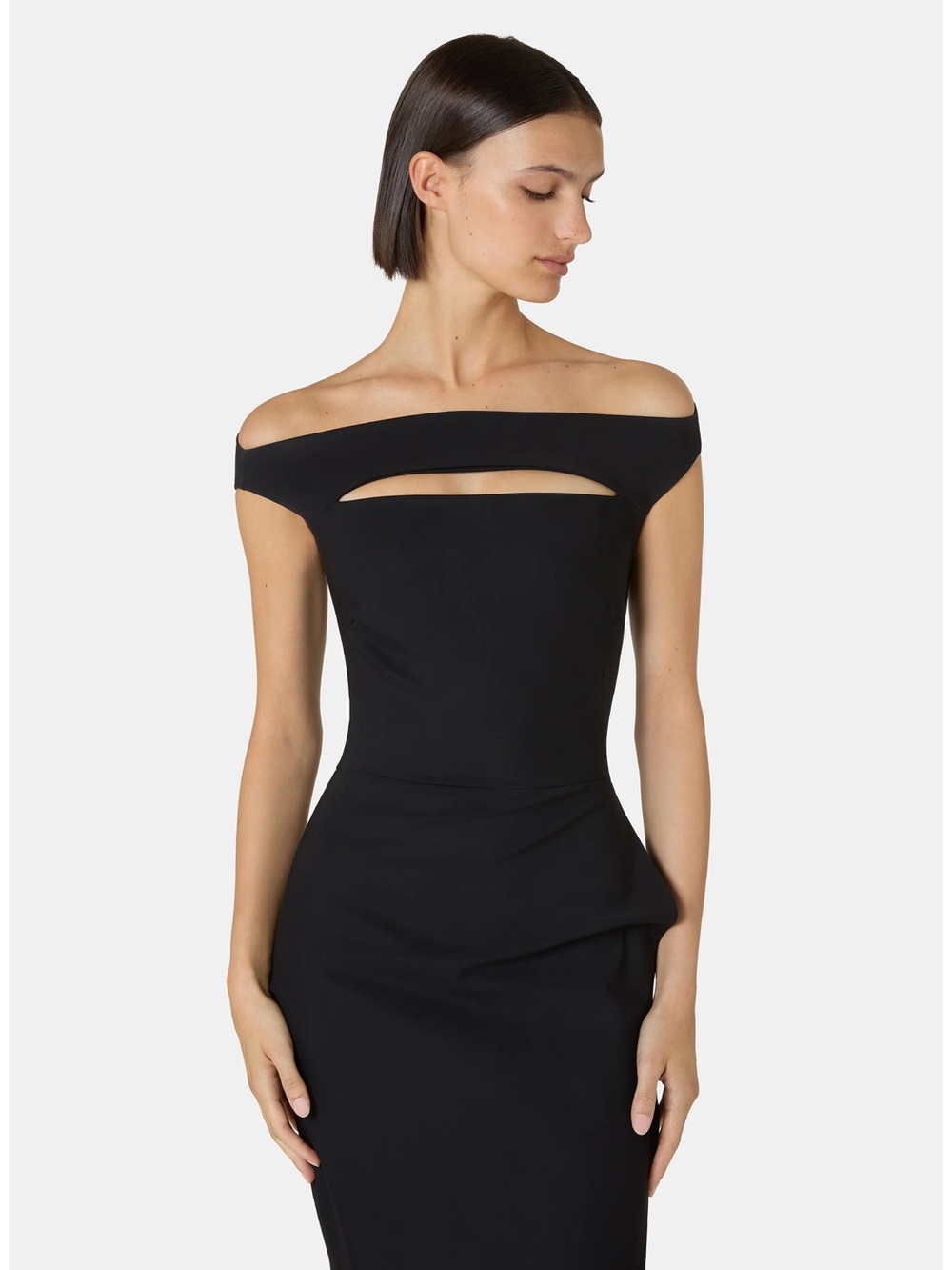 Chiara Boni Black Midi Off-Shoulder Draped Sheath Dress